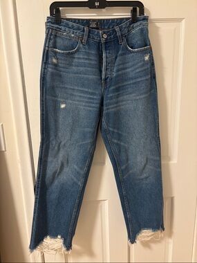 Abercrombie & Fitch Men's Medium Blue Straight Jeans with Distressed Hem
